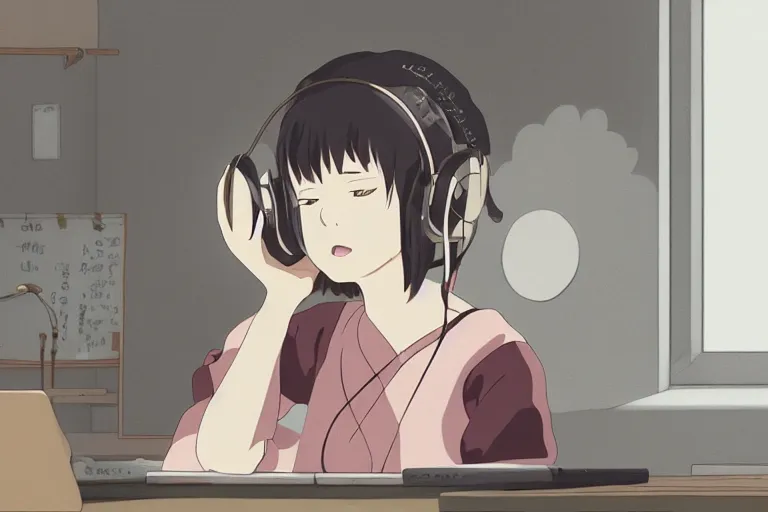 Prompt: a japanese anime traditional lo - fi girl in her room wearing headphones and working in her laptop loop, moody neutral hipster tones, joy gaze, cel - shaded, classical animation, cinematic, edge - to - edge print, rendered by studio ghibli, artgerm, alyssa monks, andreas rocha, david kassan, neil blevins