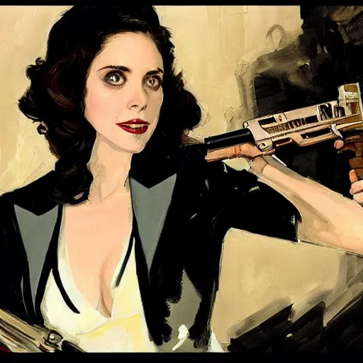 Image similar to alison brie wearing a tuxedo, holding a martini and a silenced pistol, intricate, elegant, highly detailed, greg manchess, mucha, liepke, ruan jia, jeffrey catherine jones, ridley scott