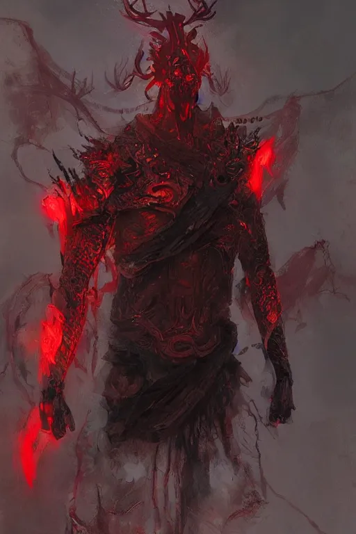 Image similar to demon with red magic in his hands, dark, intricate, highly detailed, epic, digital painting, artstation, concept art, digital illustration by Ruan Jia and Mandy Jurgens and Wayne Barlowe and Greg Rutkowski and Zdislav Bekinski