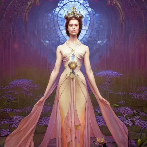 Image similar to a princess full body portrait, fine kindness delicate prefect face, in the flower room, light beam shines through the window, elegant, smooth, sharp focus, atmospheric lighting, masterpiece, style of tom bagshaw, raphael lacoste, peter mohrbacher, louis comfort tiffany, victo ngai, james jean, 4 k hd hyperdetailed illustration wallpaper, chinese style