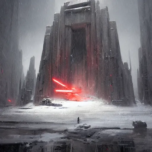 Image similar to star wars concept art by greg rutkowski, a brutalist - looking and imposing temple in the middle of a snowy, dark and hostile landscape, strong blizzards, poor lighting, evil atmosphere, artstation hq.