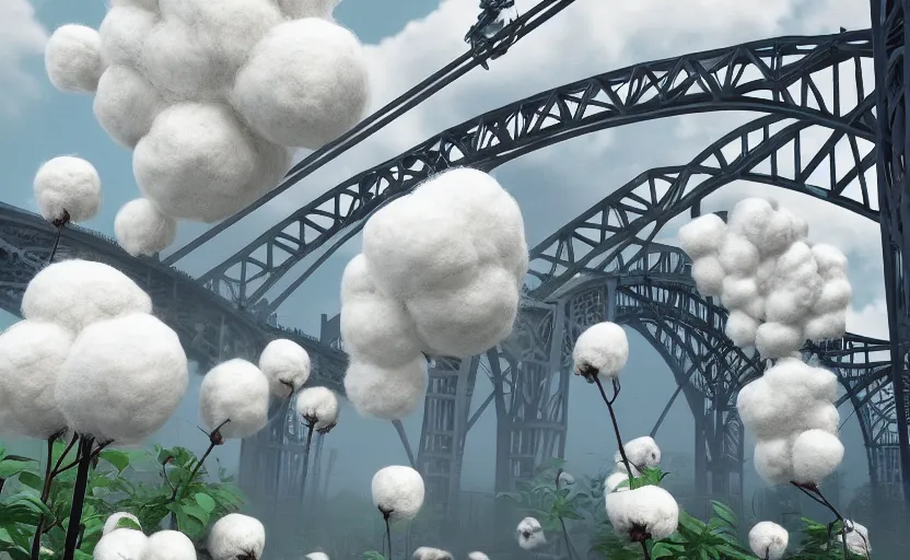 Image similar to explosions in the form of realistic cotton plants cover harbour bridge, huge cotton plants everywhere, smooth, sharp focus, highly detailed, 3 d octane render, epic lighting, dark atmosphere, lots of cotton plants, 8 k, by goro fujita