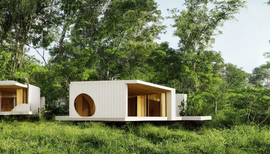 Prompt: A wide image of an eco-community neighborhood of innovative contemporary 3D printed prefab sea ranch style cabins with rounded corners and angles, beveled edges, made of cement and concrete, organic architecture, in a lush green forest Designed by Gucci and Wes Anderson, golden hour