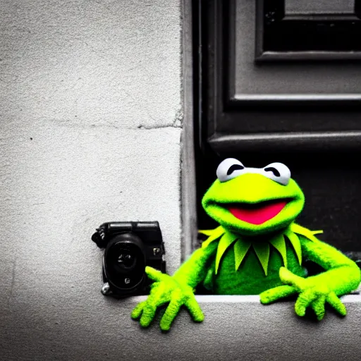 Prompt: street photography picture of a muppet kermit the frog laying in the doorway of an oppressive building. fugifilm 4 k close focus. distopia sad