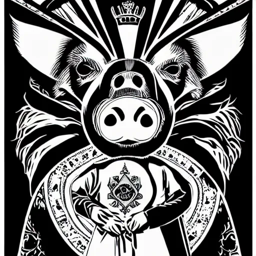 Prompt: Portrait of pig as a king by Shepard Fairey, black and white, full body, zoomed out, line art, illustration, ink, technical drawing