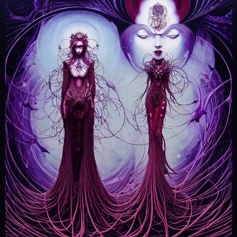 Prompt: stunning otherworldly gothic goddess of beauty magic the gathering, stars of spirit, by peter rohrabacher annatto finnstark | worldly flowers by leiko ikemura, and ilya kuvshinov | sparkling atom fractals of jewls cords, by alex grey and hr giger