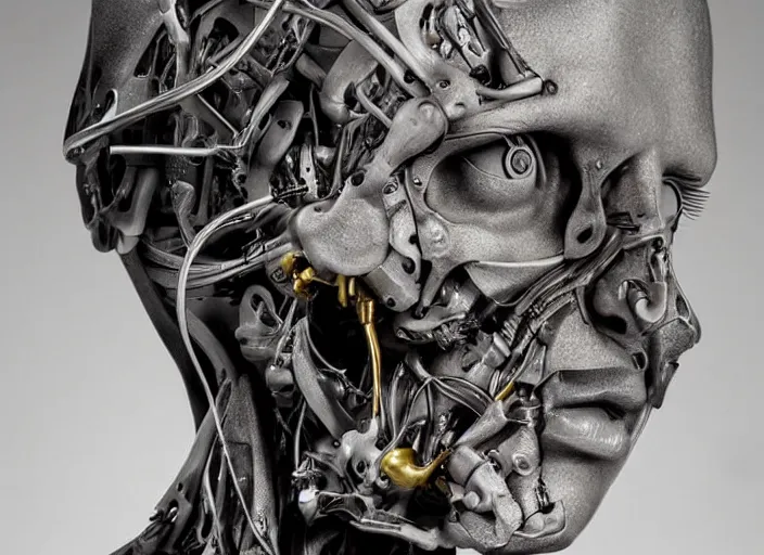 Prompt: a sculpture anatomical cyborg, bust , detailed face, studio lighting