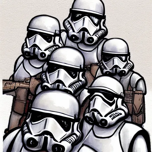 Image similar to stormtroopers in the style of brom