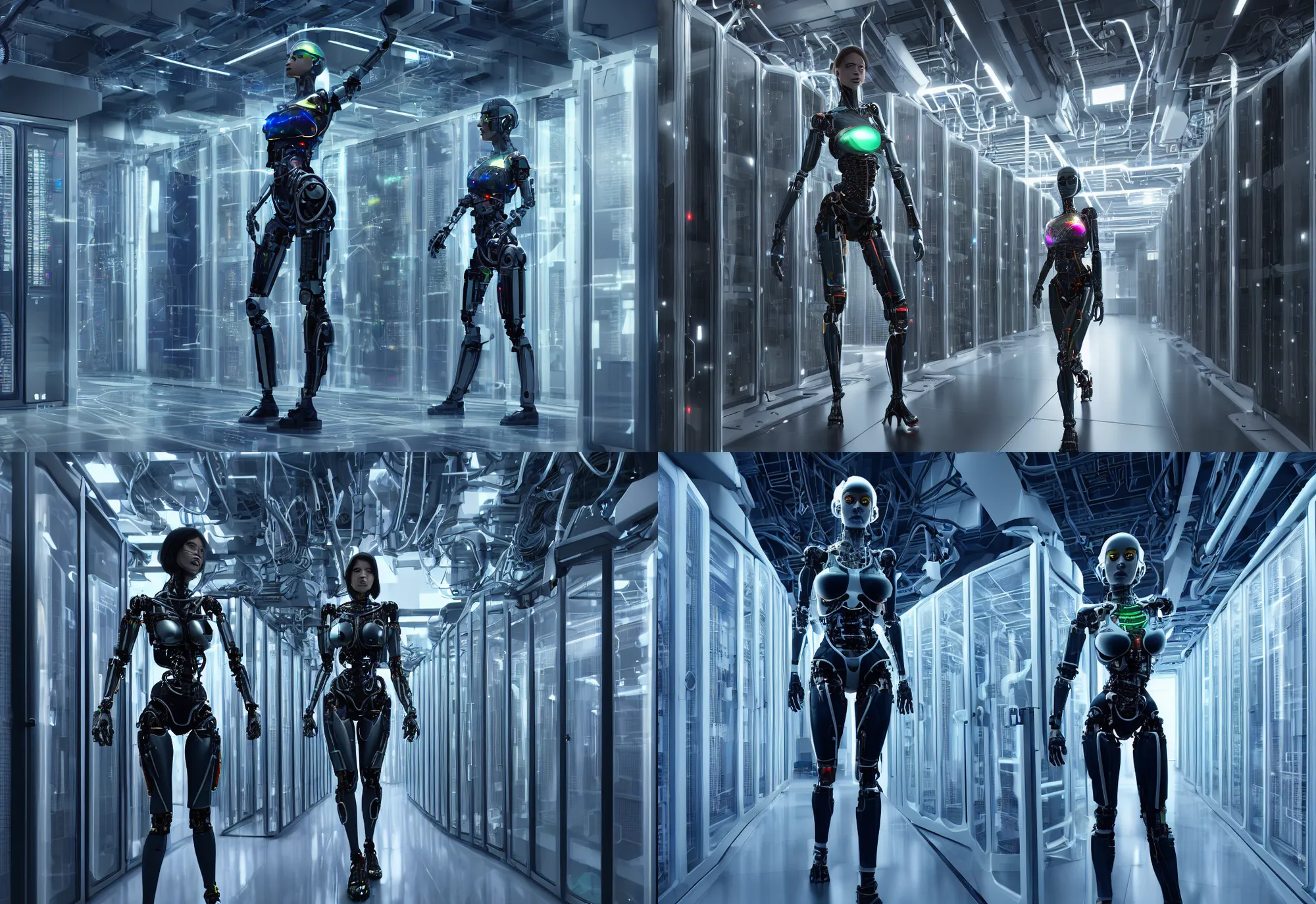 Prompt: female cyborg in data center, in detailed data center, in realistic data center, whole body, whole figure, character design, proportional human body, stylish, awesome composition rules, cinematic realistic, detailed, composition, hyper realistic, extreamly detailed octane render 8 k by ex - machina, by cyberpunk