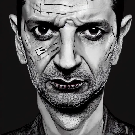 Prompt: head portrait of dave gahan as a young zombie with cuts on it's face illuminated by a spotlight, 7 days to die zombie, fine art, award winning, intricate, elegant, sharp focus, cinematic lighting, highly detailed, digital painting, 8 k concept art, art by guweiz and z. w. gu, masterpiece, trending on artstation, 8 k