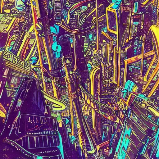 Prompt: airship cyberpunk surreal upside down city, neon lights, moebius, by jean giraud h 7 0 4