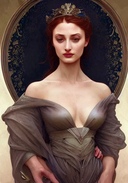 Image similar to sansa angeline jolie, intricate, elegant, highly detailed, digital painting, artstation, concept art, smooth, sharp focus, illustration, art by artgerm and greg rutkowski and alphonse mucha and william - adolphe bouguereau