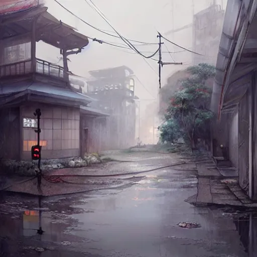 Prompt: walking around dilapidated ikeshima island, nagasaki, japan. volumetric lighting, rain, spring middag, dark overcast weather, realistic illustration, perfectly shaded, soft painting, art by krenz cushart and wenjun lin