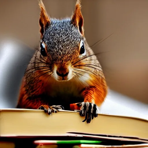 Prompt: photo - realistic picture of a squirrel holding a pen on top of a stack of books