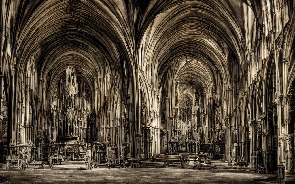 Image similar to street view of a cathedral made of flesh and bones, realistic, old color photograph, dynamic composition, creepy