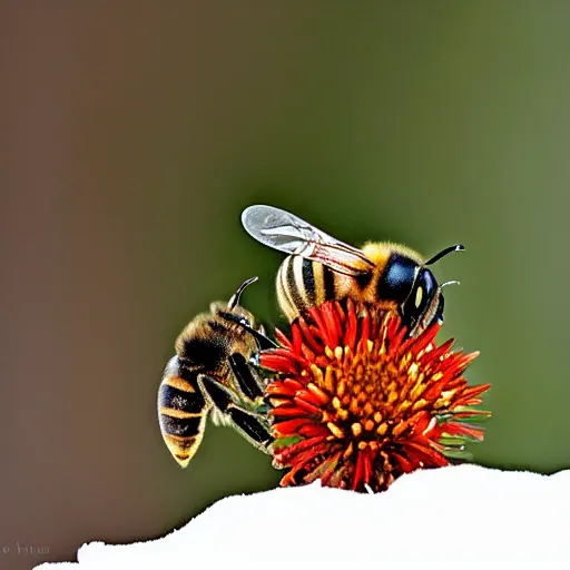 Image similar to a bee finding a beautiful flower, entrapped in ice, only snow in the background, beautiful macro photography, ambient light