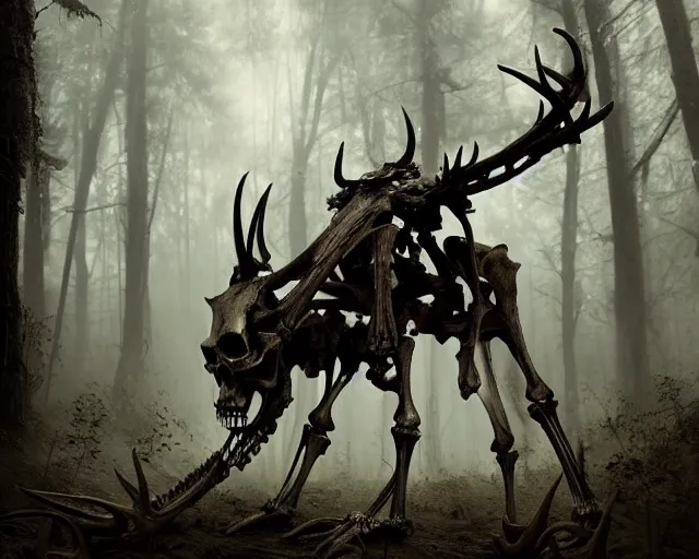 Image similar to 5 5 mm portrait photo of an armored demonic human skeleton with antlers, in a magical forest. dark atmosphere. art by greg rutkowski. highly detailed 8 k. intricate. lifelike. soft light. nikon d 8 5 0.