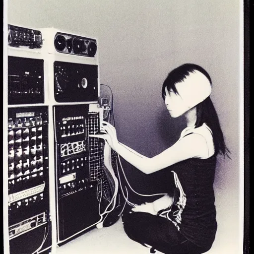 Image similar to 1 9 7 0 s polaroid of a female japanese musician playing a vintage modular synthesizer, hazy, faded