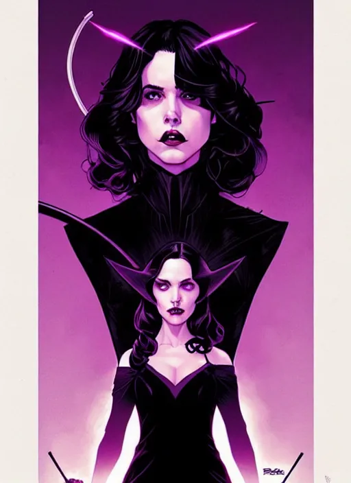 Image similar to Rafael Albuquerque comic cover art, artgerm, Joshua Middleton, pretty Stella Maeve witch doing black magic, serious look, purple dress, symmetrical eyes, symmetrical face, long black hair, full body, dark forest, cool colors