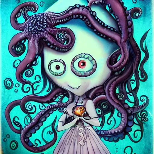 Image similar to Cthlulu marries the Kraken, eldritch, lovecraftian, tentacles, deep sea horror, in the style of first look, photography, airbrush, kawaii, oil painting,