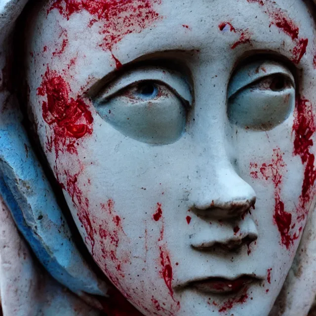 Image similar to closeup of crying white mother mary statue, pictured slightly from below, clear sky with blue clouds in background, covered in blood, vintage polaroid
