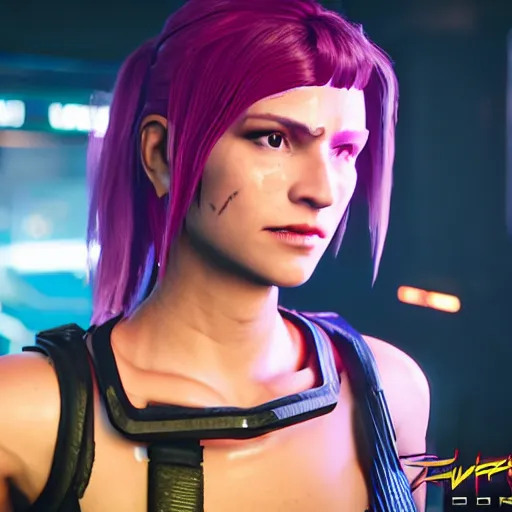 Image similar to female V from Cyberpunk 2077 wearing spiked collar, 4K