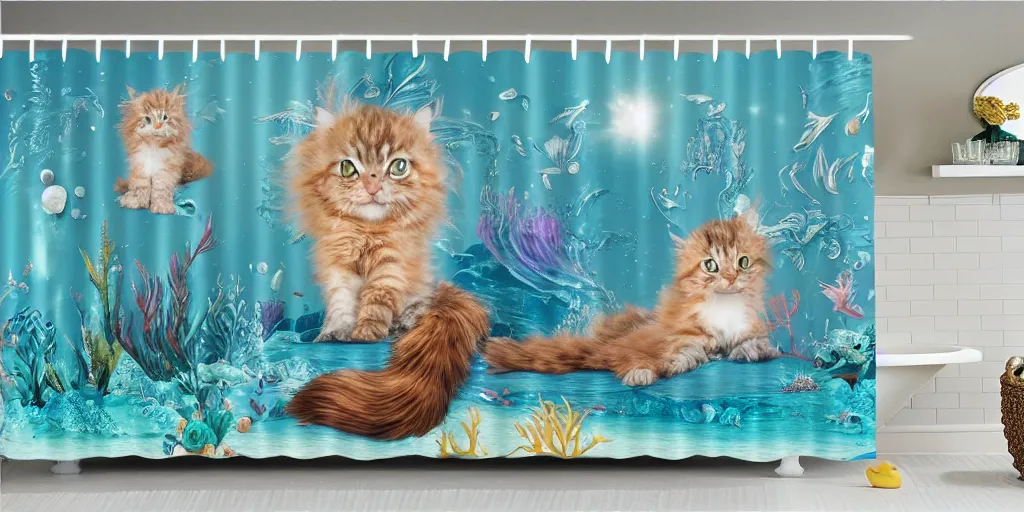 Image similar to a main coon kitten little mermaid themed shower curtain, product photography. digital art. 4 k, highly detailed.