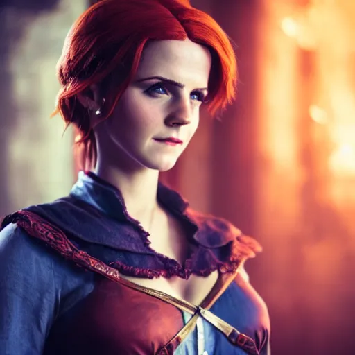 Image similar to Triss Merigold cosplay by Emma Watson, 8k, professional photography, cinematic studio shot, dark, smoke