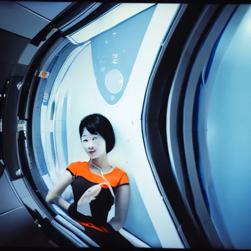 Image similar to a korean woman with long black hair and grey / black futuristic metallic clothing floating in zero - gravity in a spaceship with a white and blue futuristic interior. orange lighting, kodak film grain, expired film