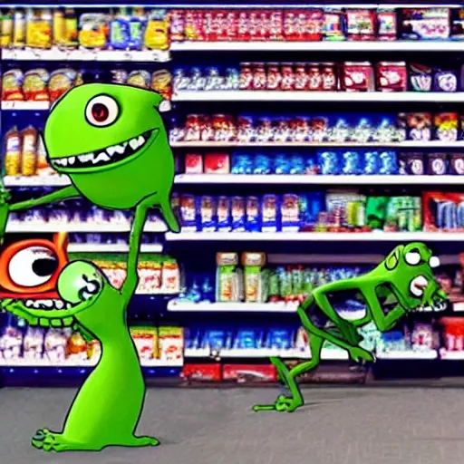 Prompt: cctv cam footage of Mike Wazowski on convenience store