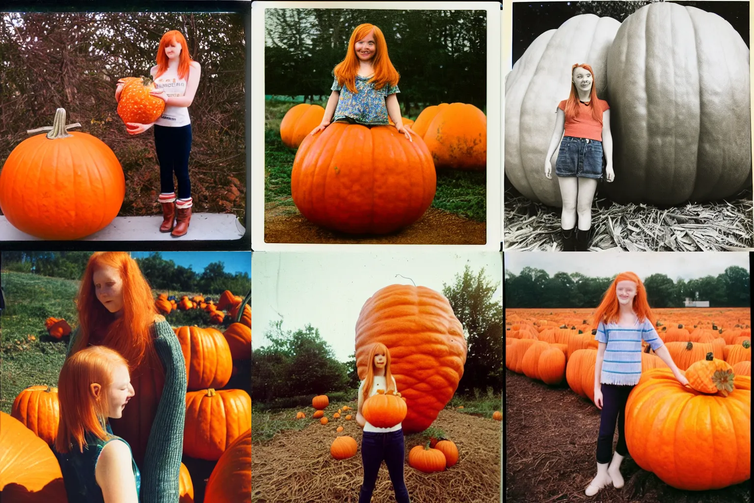 Prompt: girl with strawberry blonde hair standing next to the largest pumpkin ever, Polaroid photo.