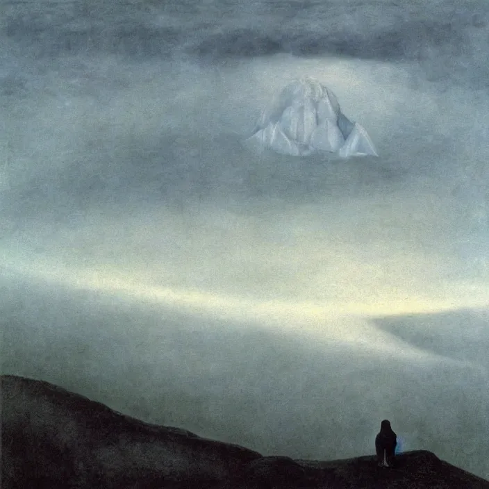 Image similar to shy mountain summit taking a peek through the clouds, fog, with curious eyes. floating spirit in transparent nightgown. painting by caspar david friedrich, yves tanguy, jean delville, rene magritte, max ernst, monet