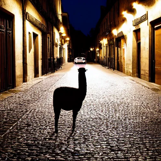 Prompt: a lama in the street of bordeaux at night, photography