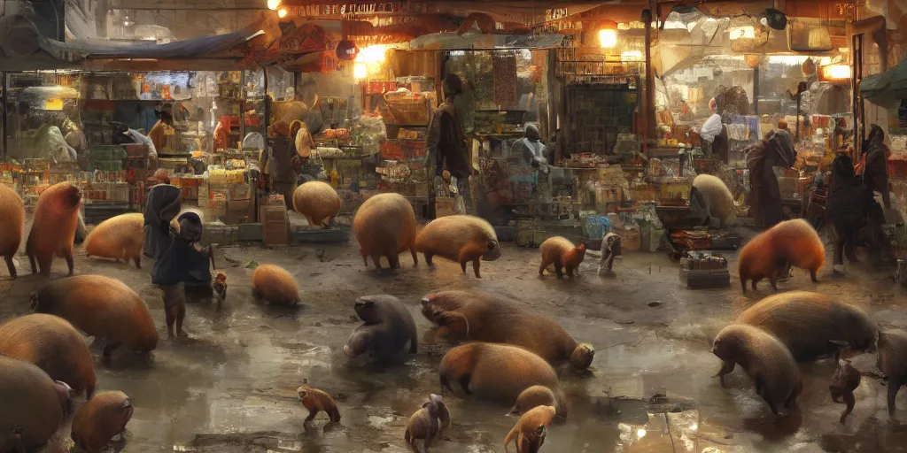 Prompt: The capybara market , artwork by Craig Mullins,Movie poster, detailed, trending on artstation