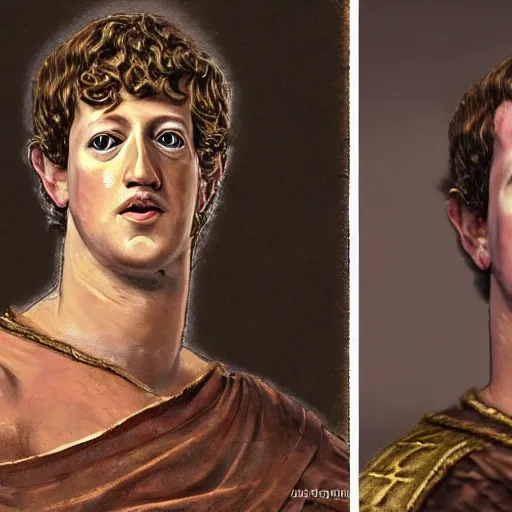 Image similar to mark zuckerberg as a roman noble senator. dressed in a toga. serious facial expression. on ancient roman fresco, detailed, intricate artwork, photo of a wall. well - preserved but faded