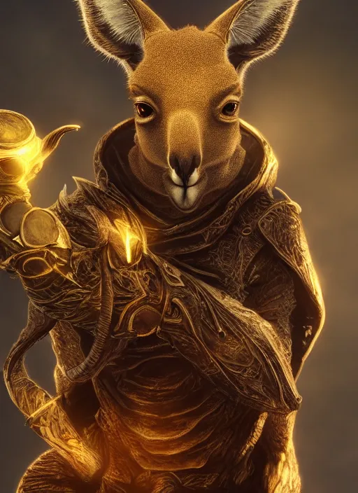 Image similar to kangaroo holding trophy, ultra detailed fantasy, elden ring, realistic, dnd character portrait, full body, dnd, rpg, lotr game design fanart by concept art, behance hd, artstation, deviantart, global illumination radiating a glowing aura global illumination ray tracing hdr render in unreal engine 5