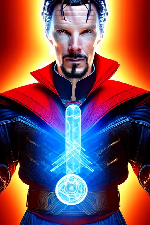 Image similar to futuristic portrait art of an armored cyberpunk doctor strange, futuristic style doctor strange, cyberpunk, cinematic movie still 2 0 7 7