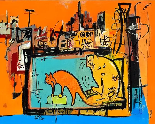 Prompt: painting of a an orange cat with the city behind it by graham sutherland, basquiat, neo - expressionism, muted colors!!!