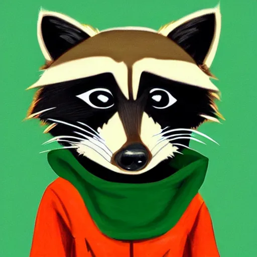 Prompt: a raccoon in a green, hooded rouge outfit with gold accents holding dagger made of fire, trending on art station