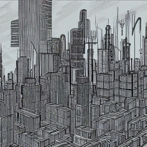 Image similar to dystopian city in the style of dr woo, thing line, single needle, monochromatic, 8 k