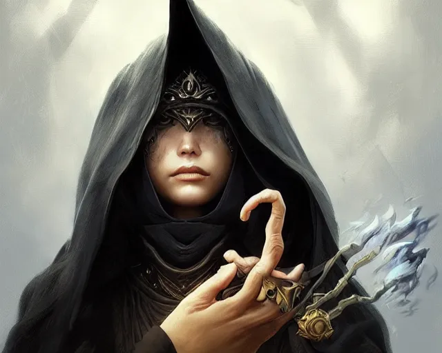 Image similar to black mage ( final fantasy series ), shrouded face, deep focus, d & d, fantasy, intricate, elegant, highly detailed, digital painting, artstation, concept art, matte, sharp focus, illustration, hearthstone, art by artgerm and greg rutkowski and alphonse mucha