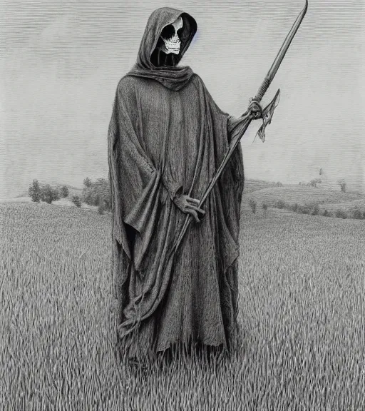 Image similar to grim reaper in beautiful meadow of flowers, pencil illustration by gustave dore, highly detailed, centered, high resolution, smooth, sharp focus, illustration