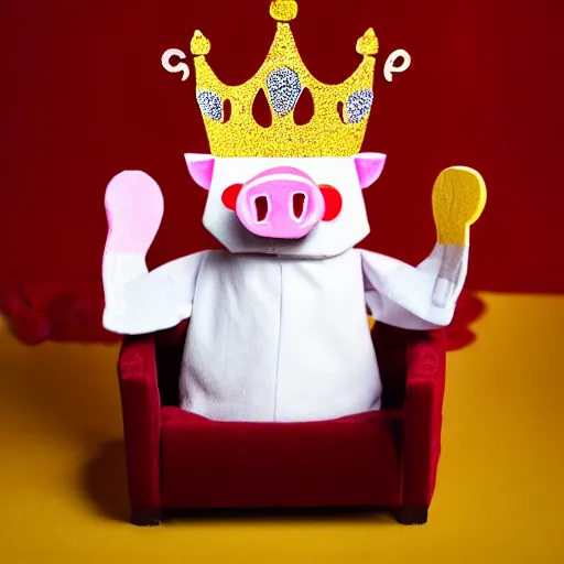 Image similar to happy puppet pig king wearing a crown chilling out