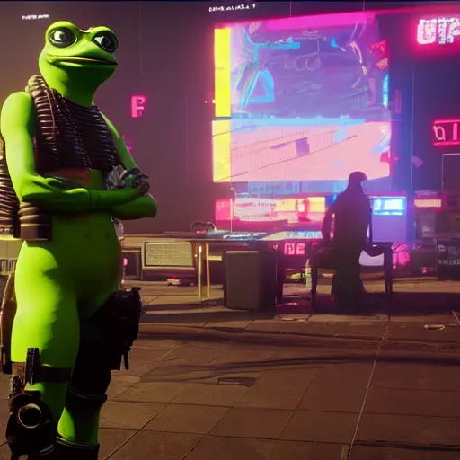 Image similar to pepe frog makes appearance in Cyberpunk 2077. CP2077. 3840 x 2160