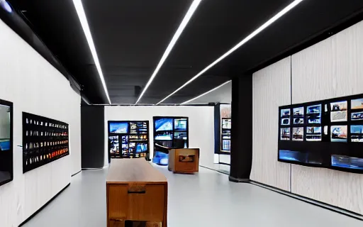 Image similar to A flagship Samsung store. black walls. timber floor. high ceilings with spots. wood furniture with large digital screen. display tables with phones and tablets, pots with plants, large digital screens on the walls, Architectural photography. 14mm. High Res 8K. award winning architectural design, Minimalist Maori Style, warm and happy, inviting