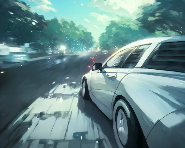 Image similar to a brunnete girl with blue eyes and puffy cheeks driving a car, close up shot from the back of the car, anime art, Greg Rutkowski, studio ghibli, dramatic lighting