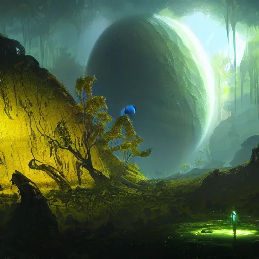 Prompt: an alien planet with eerily thin trees and yellow algae, sci fi concept art by tyler edlin, antoine blanchard, thomas cole