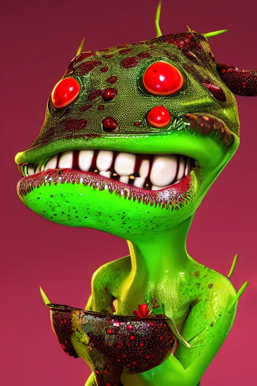 Prompt: hyperrealistic anthropomorphic cartoon 3 d unreal engine red and white polka dot venus fly trap shiny luscious lips slick wet tongue, cinematic lighting golden hour wedding photography
