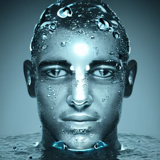 Image similar to a human head made of water, minimalistic logo icon, white background, futuristic, glowing, hyper realistic, ray tracing, realistic water splashes, sharp focus, long shot, 8 k resolution