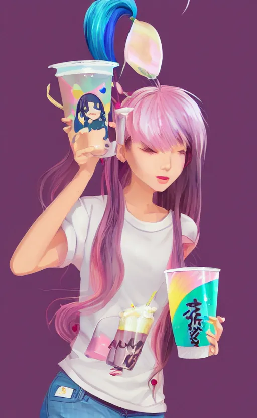 Image similar to a kawaii woman with rainbow hair, happy, summer time, holding boba tea drink, soft eyes and narrow chin, dainty figure, long hair straight down, kawaii shirt and jeans, basic white background, In style of by Jordan Grimmer and greg rutkowski, crisp lines and color